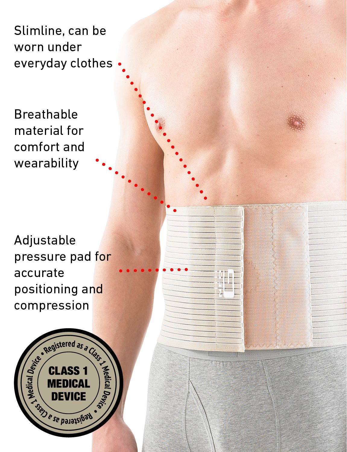 Man wearing Neo G Upper Abdominal Hernia Support facing front, highlighting slimline design, breathable material, and adjustable pressure pad