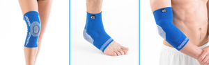 Composite image of studio Images of a woman wearing an airflow plus knee upport, a man wearing an airflow plus ankle and a man wearing an airflow plus elbow support