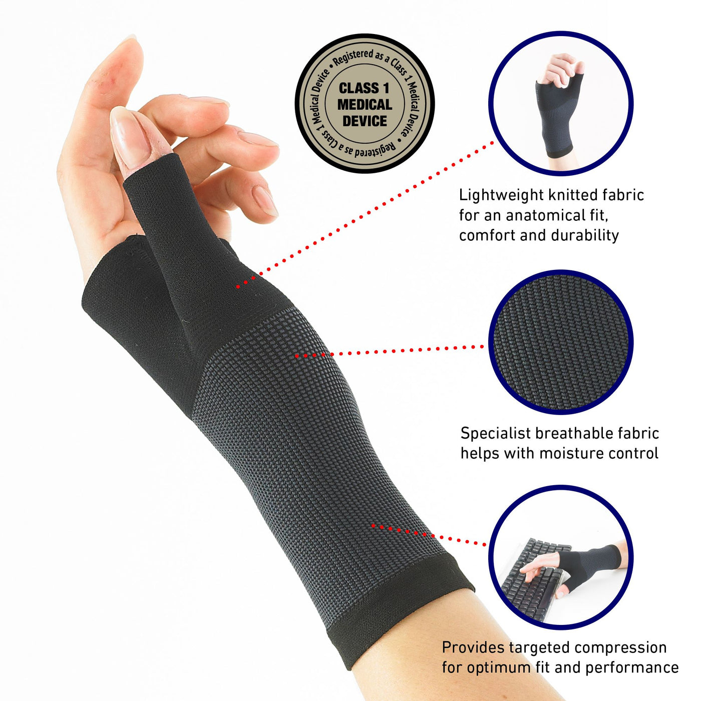 Hand wearing black Neo G Airflow Wrist & Thumb Support highlighting lightweight knitted fabric, targeted compression, and breathable fabric, with Class 1 Medical Device Badge