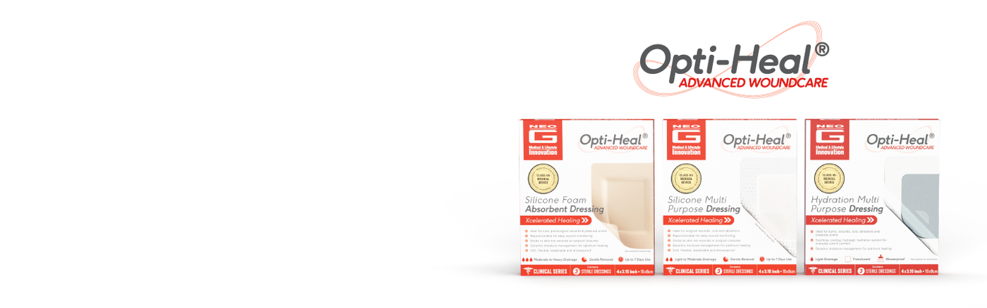 Opti-Heal Advanced Woundcare logo and three product boxes