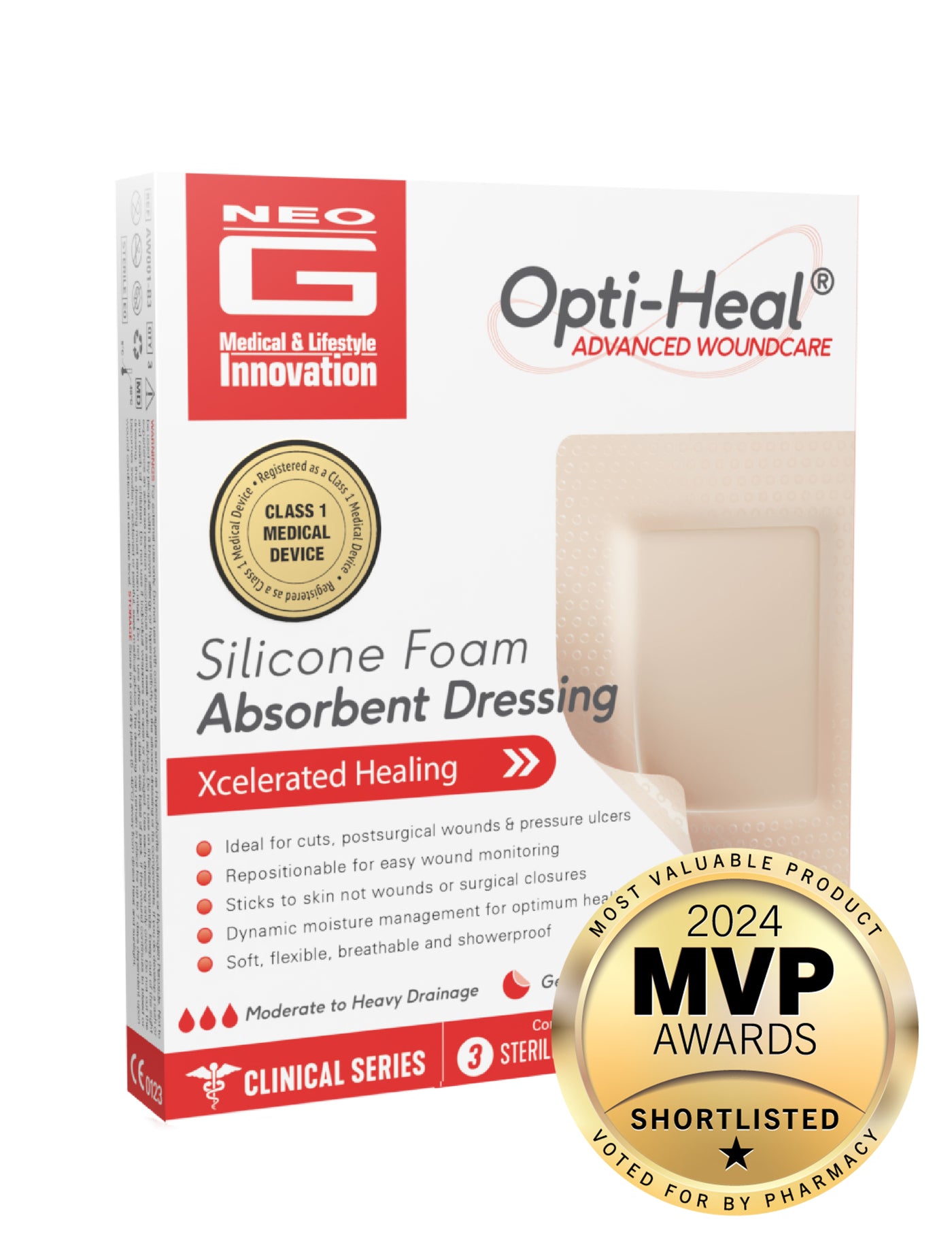 Neo G Silicone Foam Absorbent Dressing box with 2024 MVP Awards Shortlisted Badge