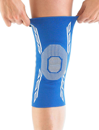 Front of knee with Neo G Airflow Plus Stabilized Knee Support with Silicone Patella Cushion highlighting flexible fabric