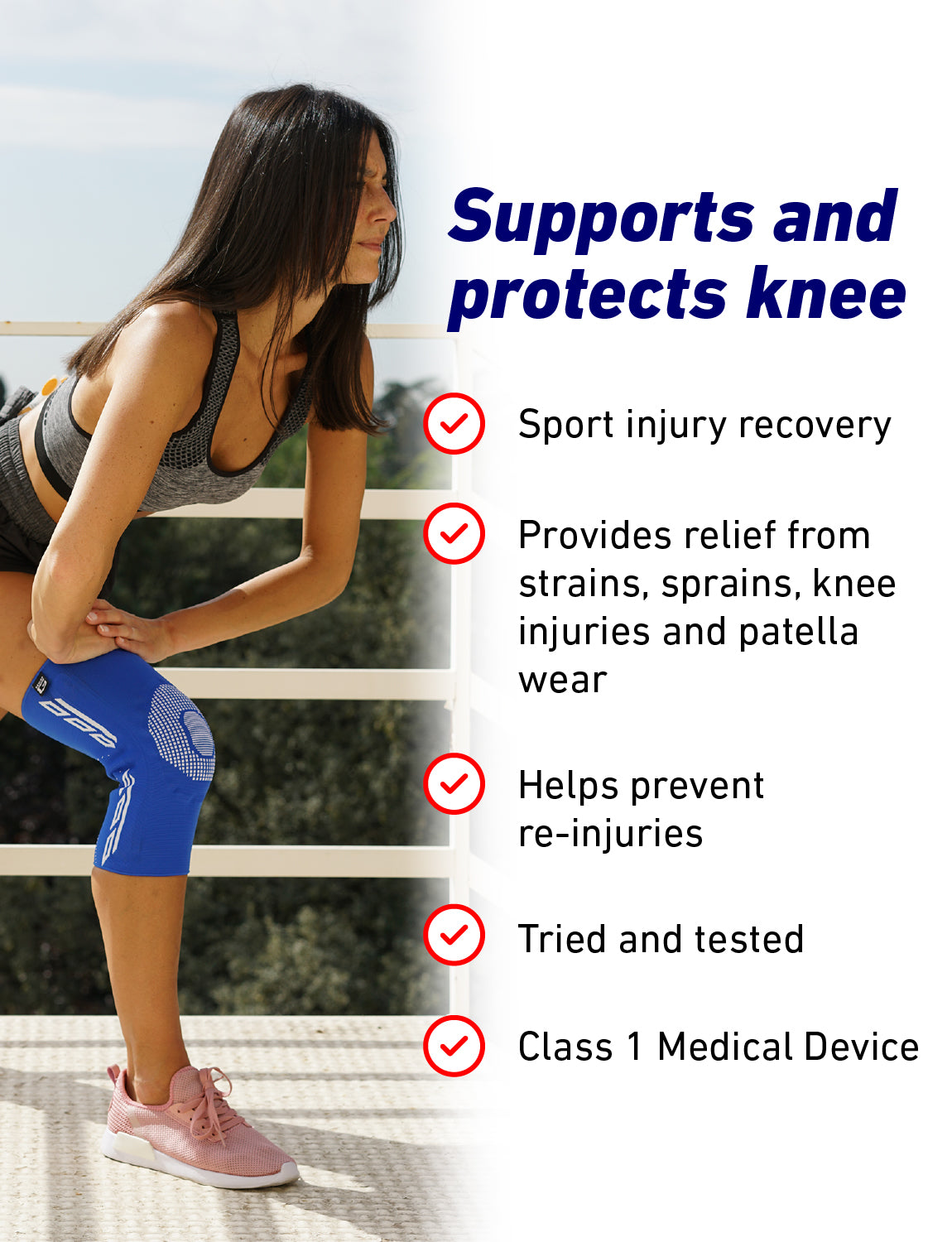 Woman wearing Neo G Airflow Plus Stabilized Knee Support with Silicone Patella Cushion stretching, with list of benefits