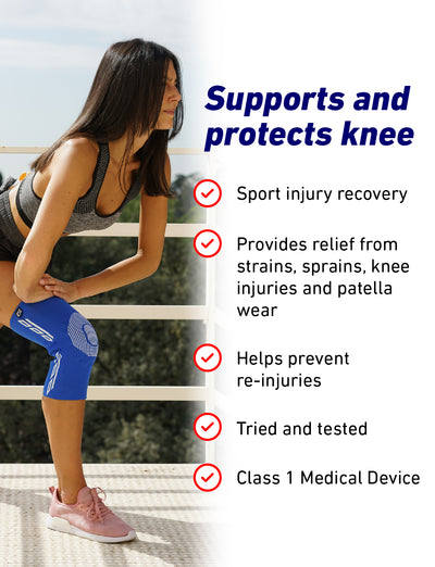 Woman wearing Neo G Airflow Plus Stabilized Knee Support with Silicone Patella Cushion stretching, with list of benefits