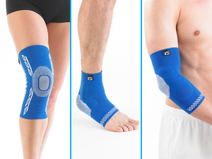 Composite image of studio Images of a woman wearing an airflow plus knee upport, a man wearing an airflow plus ankle and a man wearing an airflow plus elbow support
