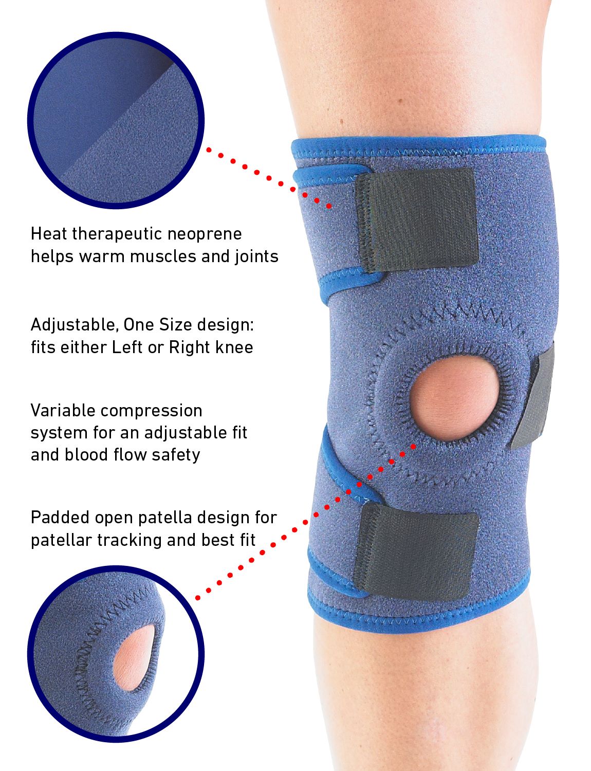 Leg wearing Neo G Open Knee Support highlighting heat therapeutic neoprene, adjustability, variable compression system, and padded open patella