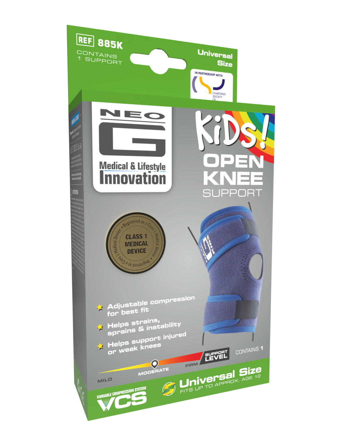 Child wearing Neo G Kids Open Knee Support box