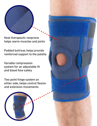 Leg wearing Neo G Hinged Open Knee Support highlighting the heat therapeutic neoprene, padded buttress, variable compression, and two point hinge system on either side