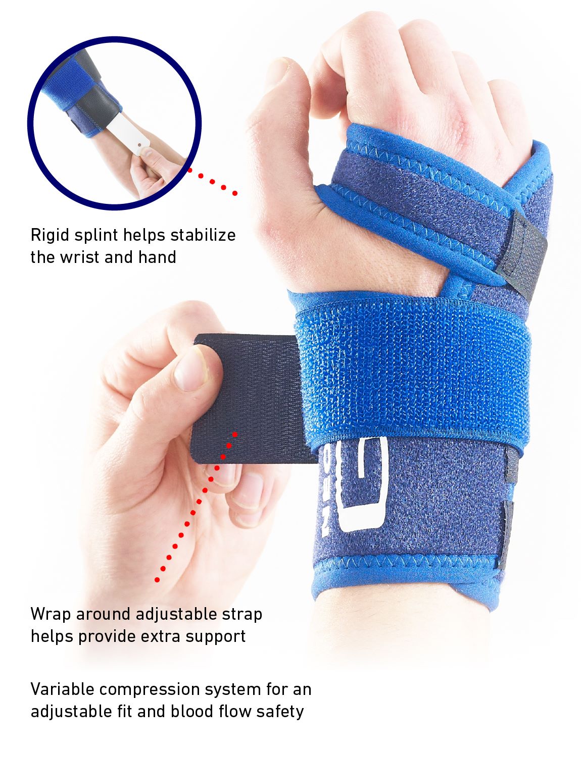 Hand wearing Neo G Stabilized Wrist Brace highlighting the rigid splint, wrap around adjustable strap, and variable compression