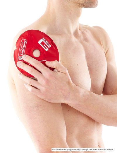 Neo G 3D Hot & Cold Therapy Disc being held against shoulder red side facing out, without protector sleeve, for illustrative purposes only