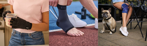 Composite image of a woman holding a mug wearing arthritis gloves, a man on a tennis court putting on an Airflow ankle support and a woman sat with her dog wearing a VCS Open Knee Support. 