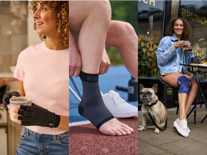 Composite image of a woman holding a mug wearing arthritis gloves, a man on a tennis court putting on an Airflow ankle support and a woman sat with her dog wearing a VCS Open Knee Support. 