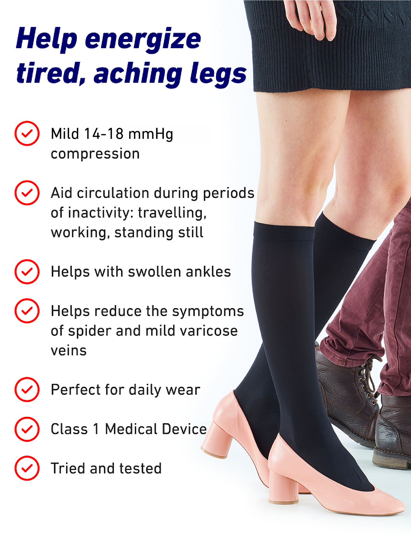 Woman wearing Black Neo G Travel & Flight Compression Socks and list of benefits